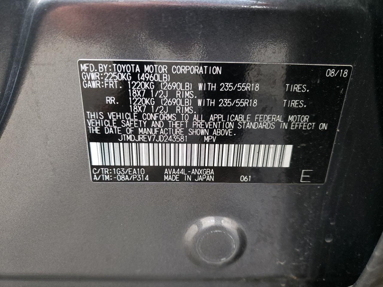 2018 Toyota RAV 4 VIN JTMDJREV7JD243581 Copart auction photo, rear end damage thumbnail 13