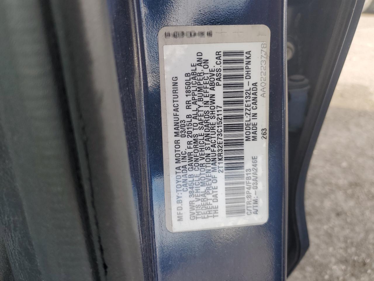 2003 Toyota Corolla VIN 2T1KR32E73C152117 Copart auction photo, side damage thumbnail 13
