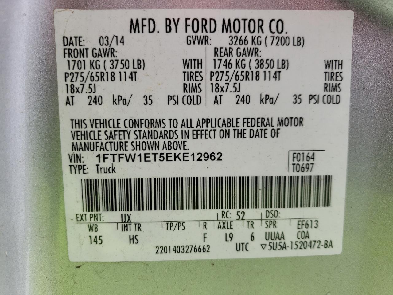 2014 Ford F-150 VIN 1FTFW1ET5EKE12962 Copart auction photo, front end / minor dent/scratches damage thumbnail 12