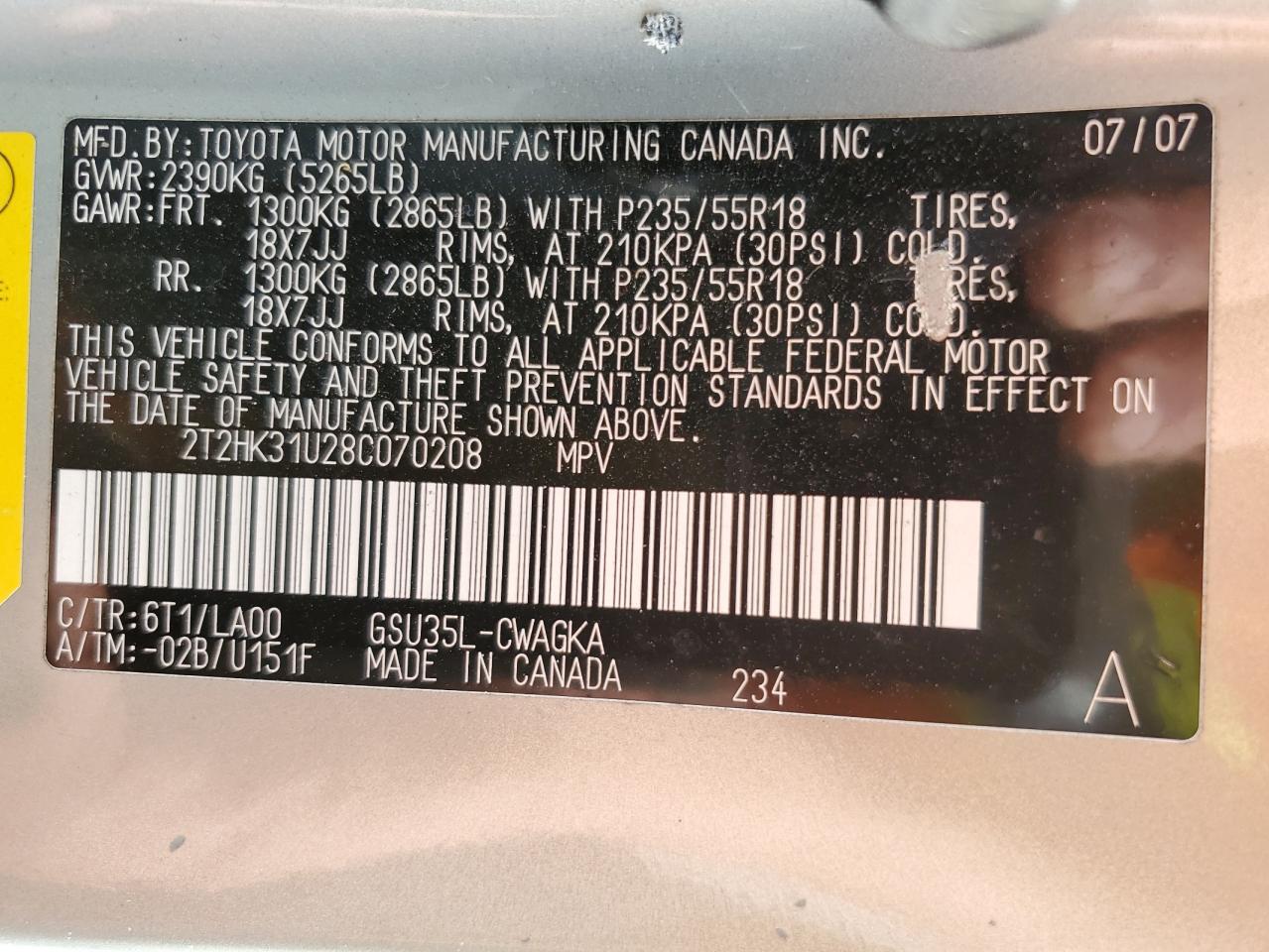 2008 Lexus RX VIN 2T2HK31U28C070208 Copart auction photo, front end damage thumbnail 14