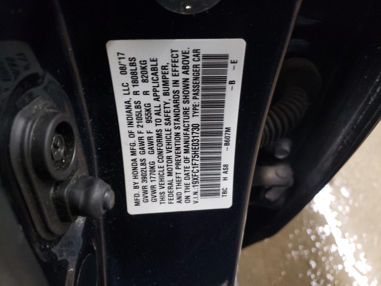 2017 Honda Civic VIN 19XFC1F75HE031730 Copart auction photo, front end damage thumbnail 12