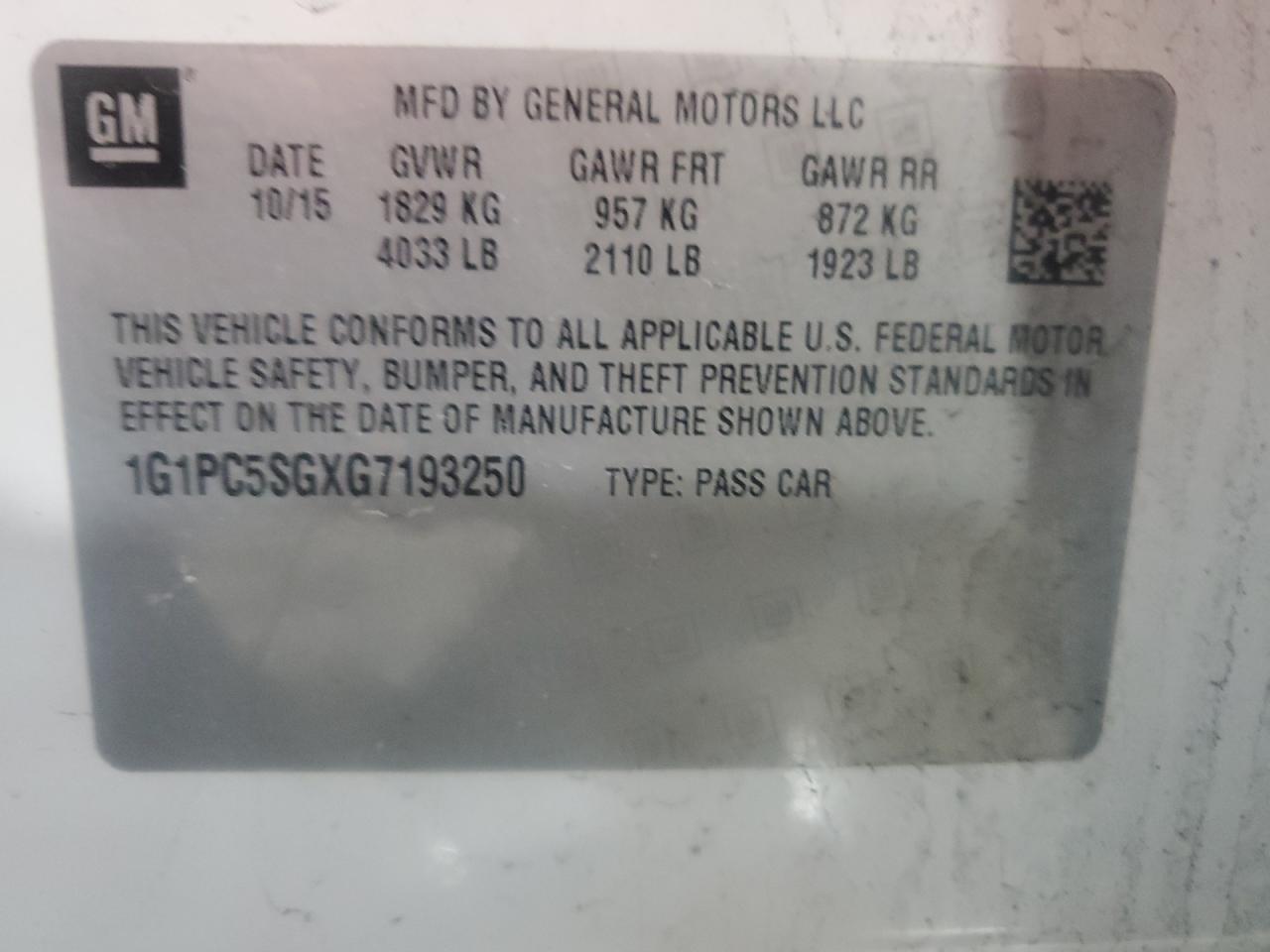 2016 Chevrolet Cruze VIN 1G1PC5SGXG7193250 Copart auction photo, front end damage thumbnail 12