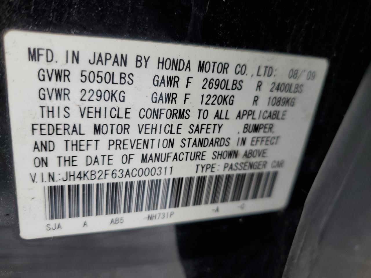 2010 Acura RL VIN JH4KB2F63AC000311 Copart auction photo, all over damage thumbnail 12
