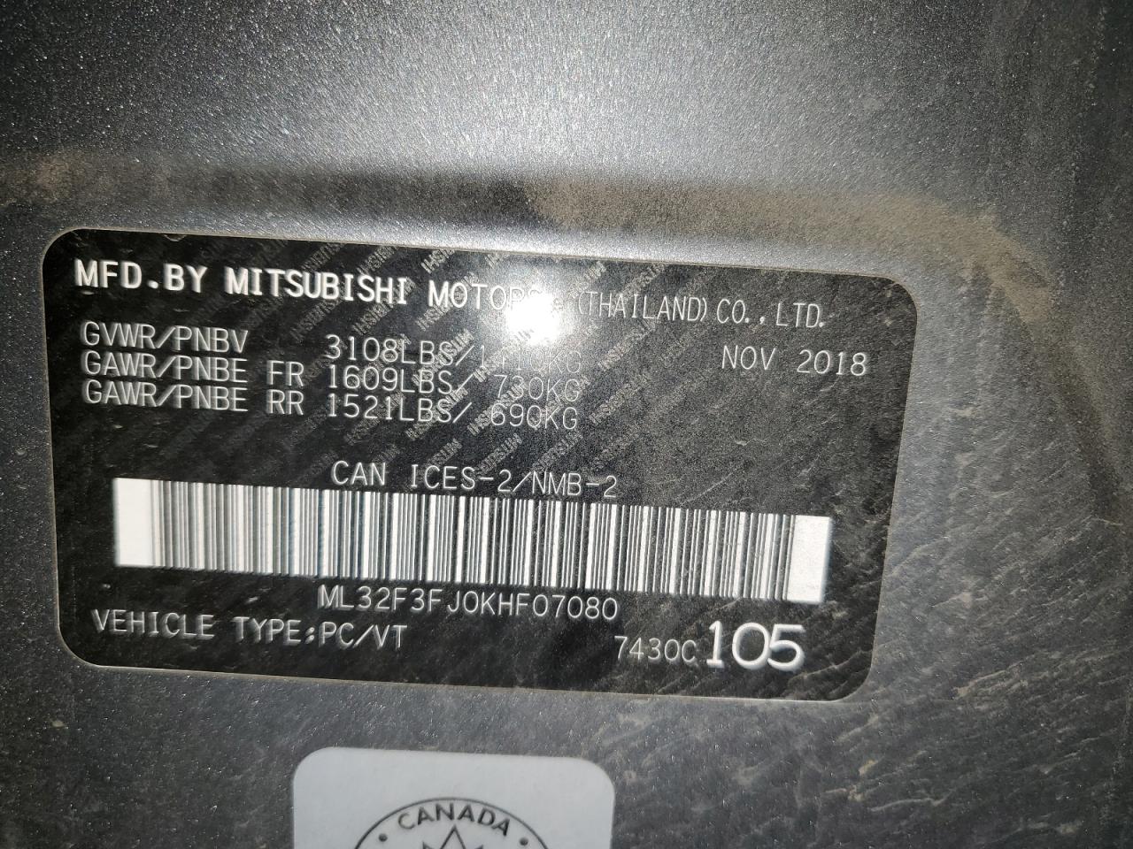 2019 Mitsubishi Mirage VIN ML32F3FJ0KHF07080 Copart auction photo, hail / minor dent/scratches damage thumbnail 12