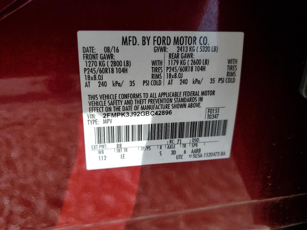 2016 Ford Edge VIN 2FMPK3J92GBC42896 Copart auction photo, front end damage thumbnail 16