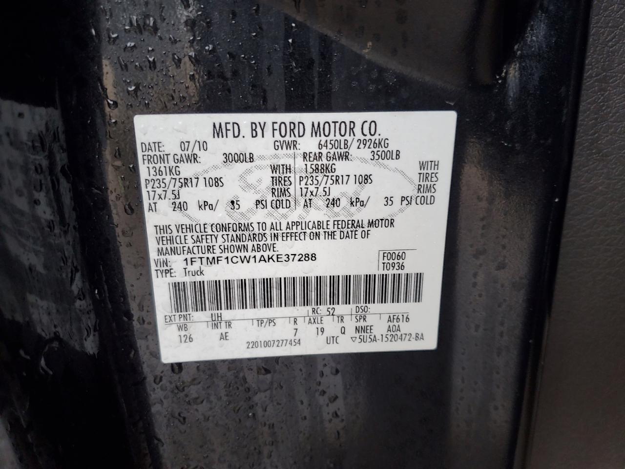 2010 Ford F-150 VIN 1FTMF1CW1AKE37288 Copart auction photo, front end damage thumbnail 13