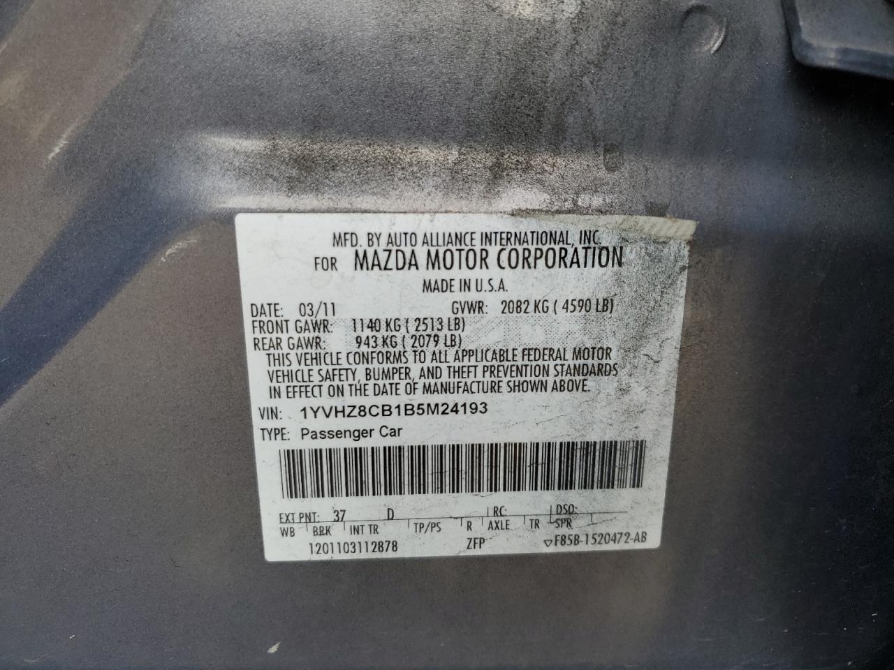 2011 Mazda 6 VIN 1YVHZ8CB1B5M24193 Copart auction photo, front end damage thumbnail 14
