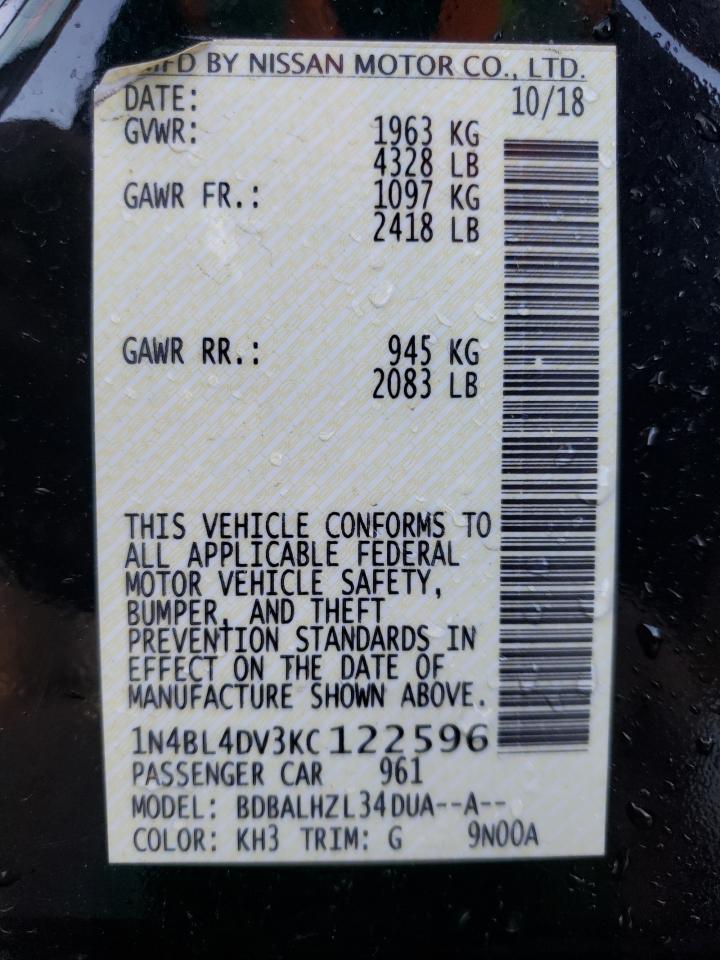 2019 Nissan Altima VIN 1N4BL4DV3KC122596 Copart auction photo, side / hail damage thumbnail 13