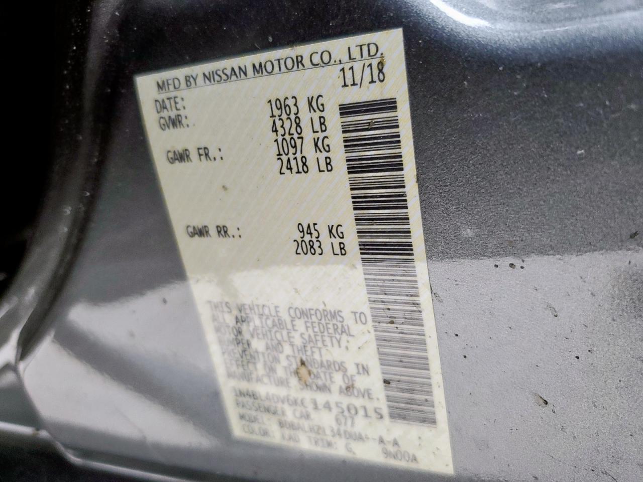 2019 Nissan Altima VIN 1N4BL4DV6KC145015 Copart auction photo, front end / side damage thumbnail 14