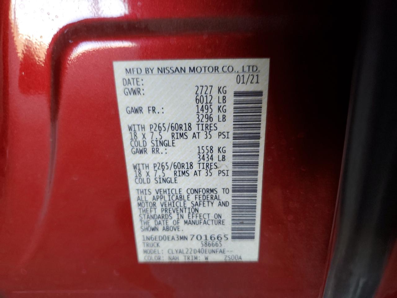 2021 Nissan Navara (Frontier) VIN 1N6ED0EA3MN701665 Copart auction photo, front end / minor dent/scratches damage thumbnail 12