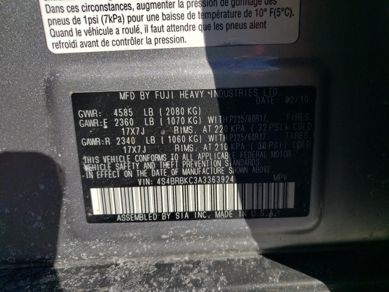 2010 Subaru Outback VIN 4S4BRBKC3A3363924 Copart auction photo, front end / undercarriage damage thumbnail 13