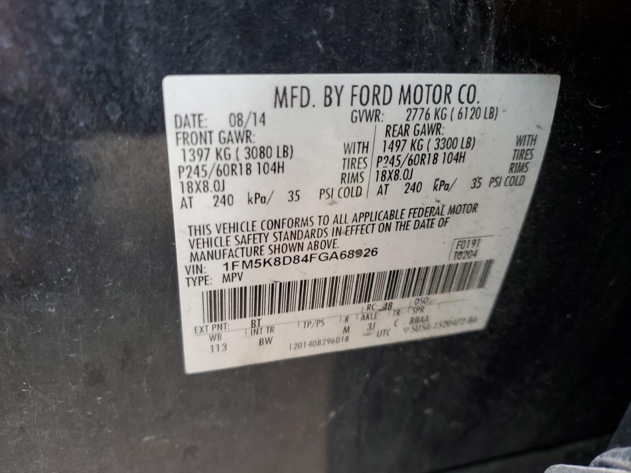 2015 Ford Explorer VIN 1FM5K8D84FGA68926 Copart auction photo, rear end damage thumbnail 13