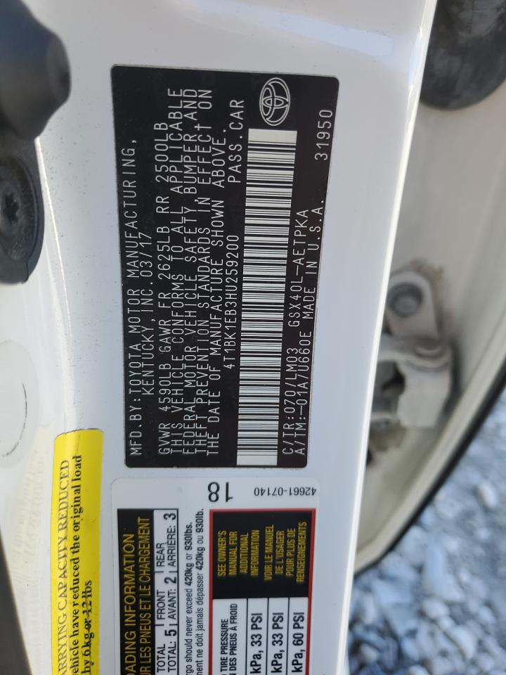 2017 Toyota Avalon VIN 4T1BK1EB3HU259200 Copart auction photo, front end / side damage thumbnail 12