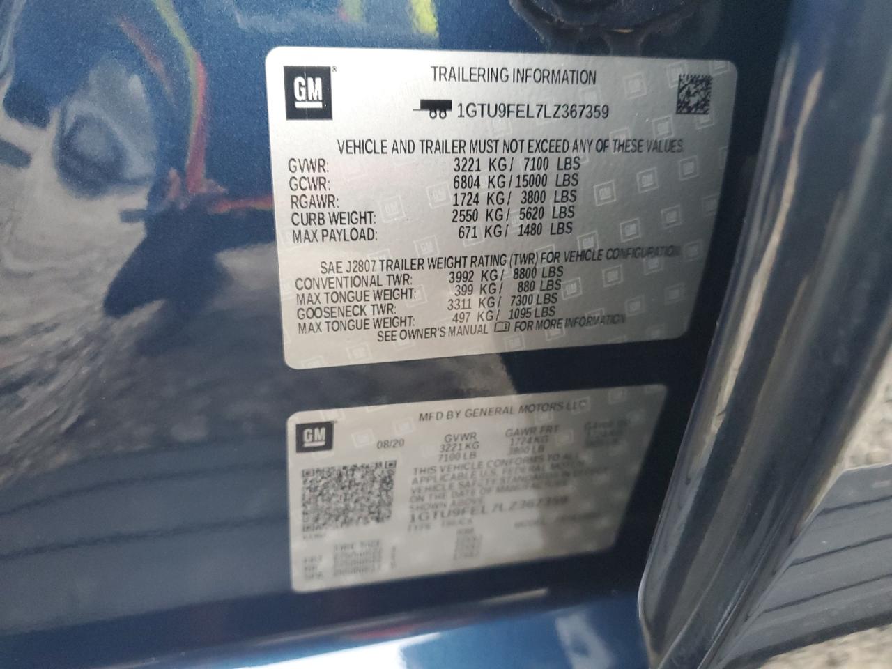 2020 GMC Sierra VIN 1GTU9FEL7LZ367359 Copart auction photo, front end damage thumbnail 14