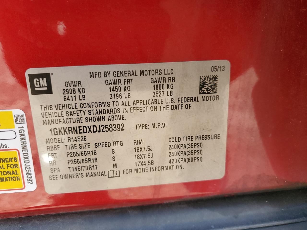 2013 GMC Acadia VIN 1GKKRNEDXDJ258392 Copart auction photo, mechanical damage thumbnail 13