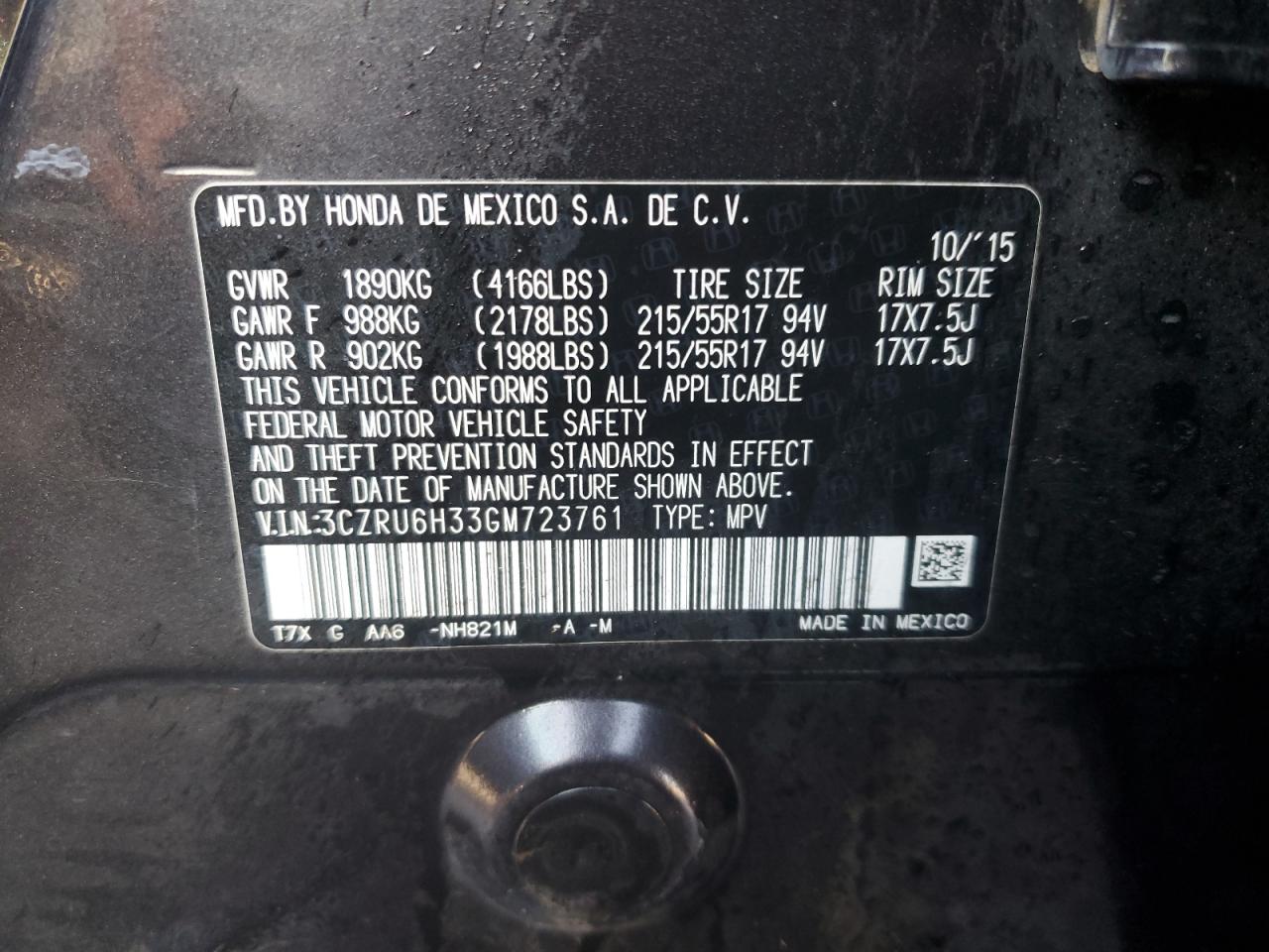 2016 Honda HR-V VIN 3CZRU6H33GM723761 Copart auction photo, front end / side damage thumbnail 14