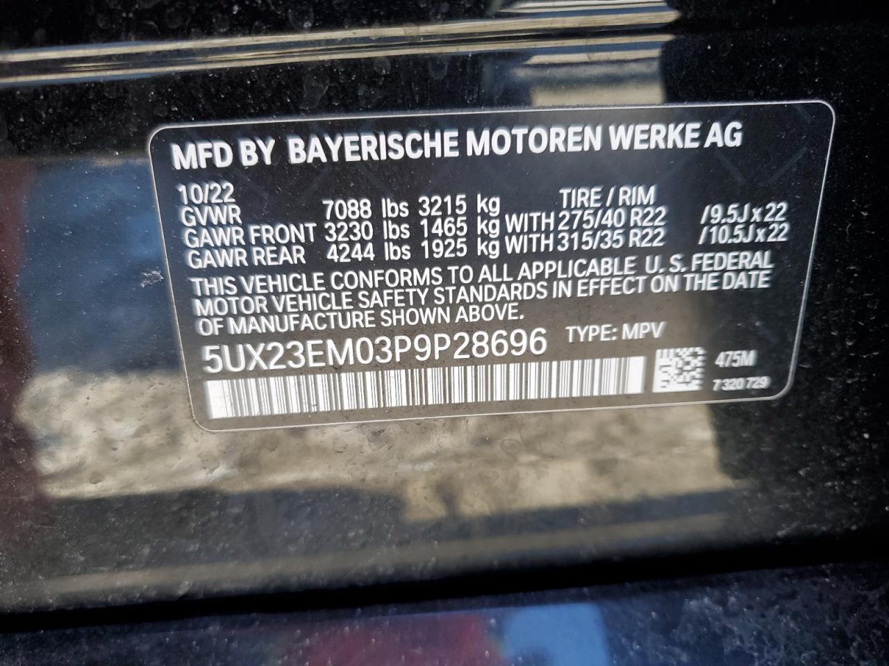 2023 BMW X7 VIN 5UX23EM03P9P28696 Copart auction photo, side / front end damage thumbnail 13