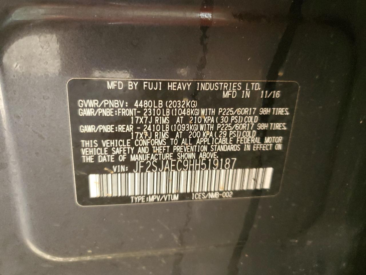 2017 Subaru Forester VIN JF2SJAEC9HH519187 Copart auction photo, side / rear end damage thumbnail 13