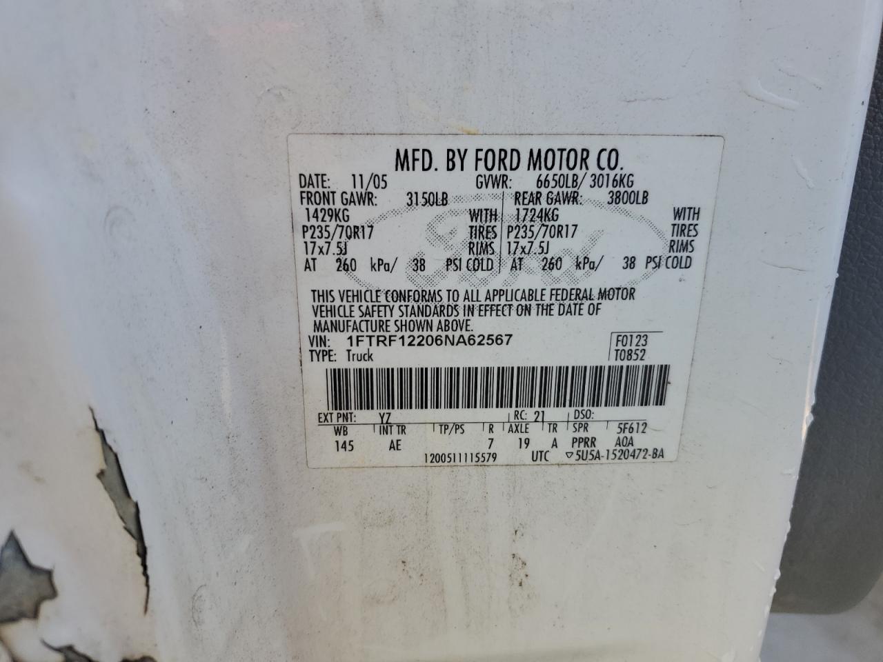2006 Ford F-150 VIN 1FTRF12206NA62567 Copart auction photo, all over / mechanical damage thumbnail 12