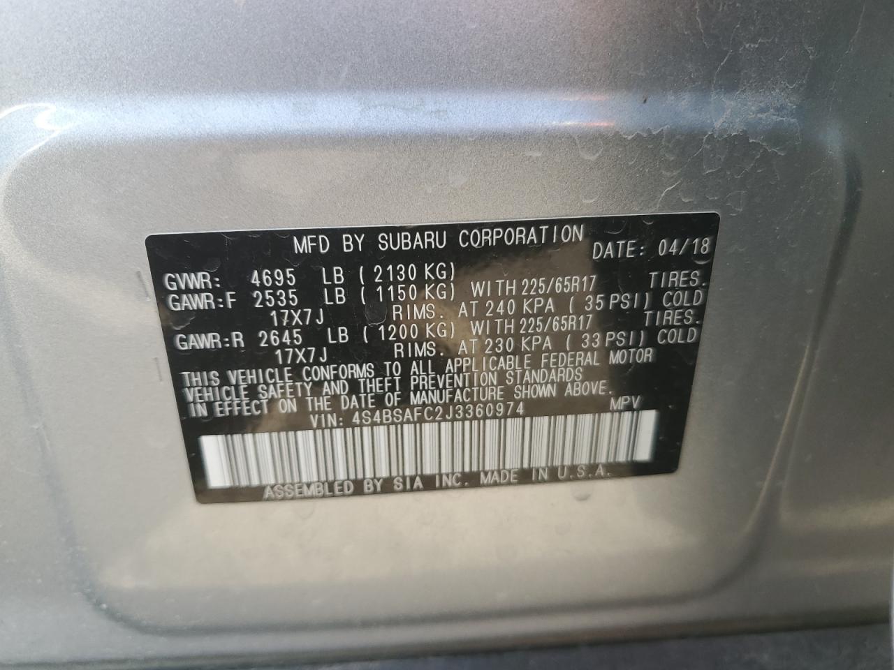 2018 Subaru Outback VIN 4S4BSAFC2J3360974 Copart auction photo, rollover damage thumbnail 15
