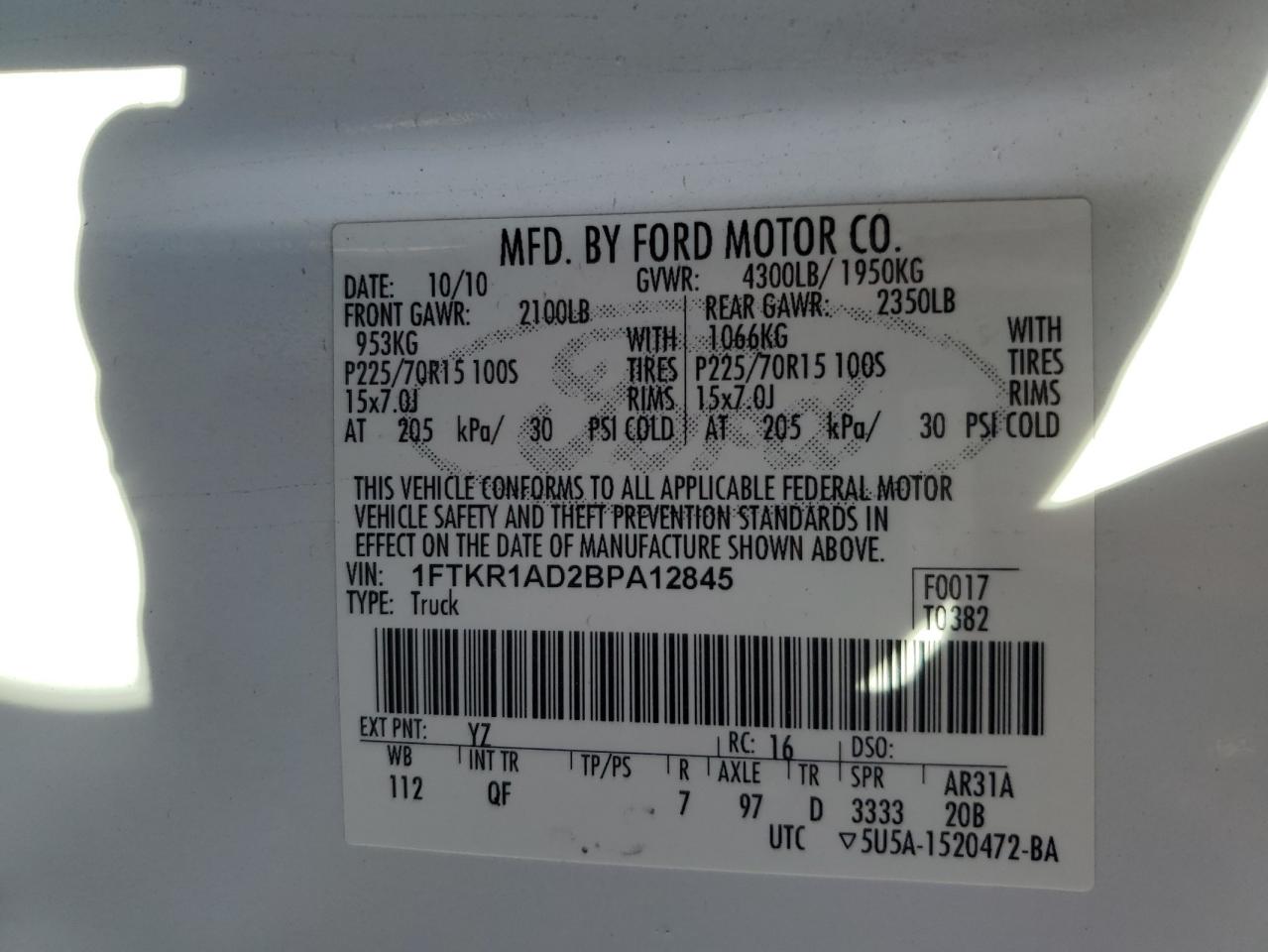 2011 Ford Ranger VIN 1FTKR1AD2BPA12845 Copart auction photo, rear end damage thumbnail 12