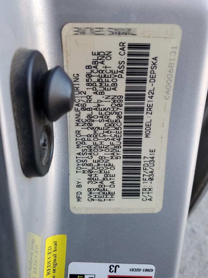 2012 Toyota Corolla VIN 5YFBU4EE5CP057099 Copart auction photo, all over damage thumbnail 14