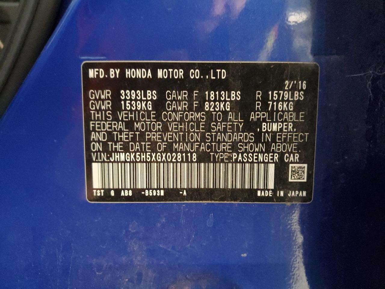 2016 Honda Fit VIN JHMGK5H5XGX028118 Copart auction photo, front end / side damage thumbnail 12