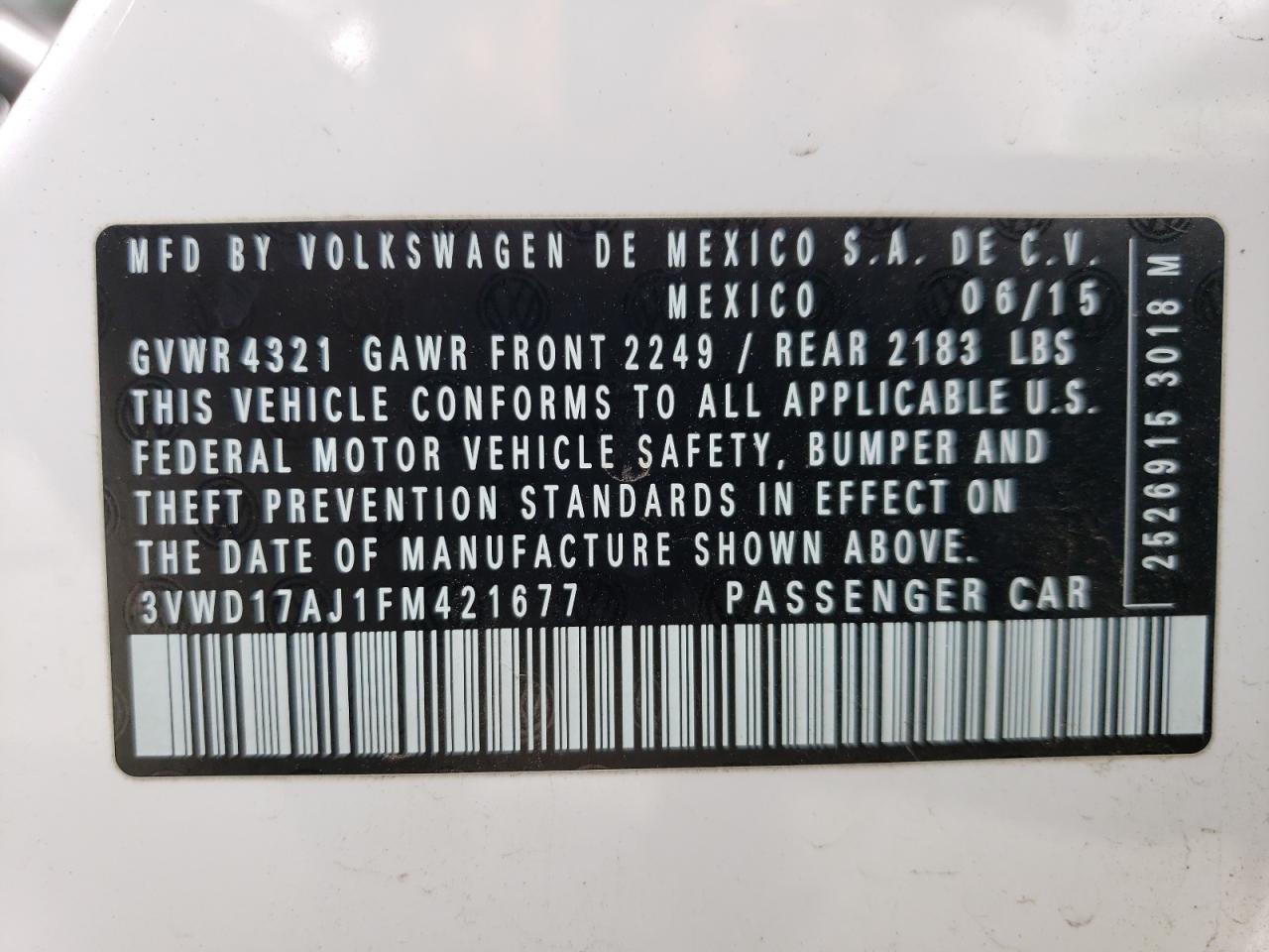 2015 Volkswagen Jetta VIN 3VWD17AJ1FM421677 Copart auction photo, front end / hail damage thumbnail 13
