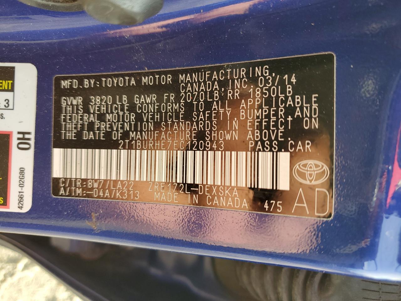 2014 Toyota Corolla VIN 2T1BURHE7EC120943 Copart auction photo, all over damage thumbnail 12