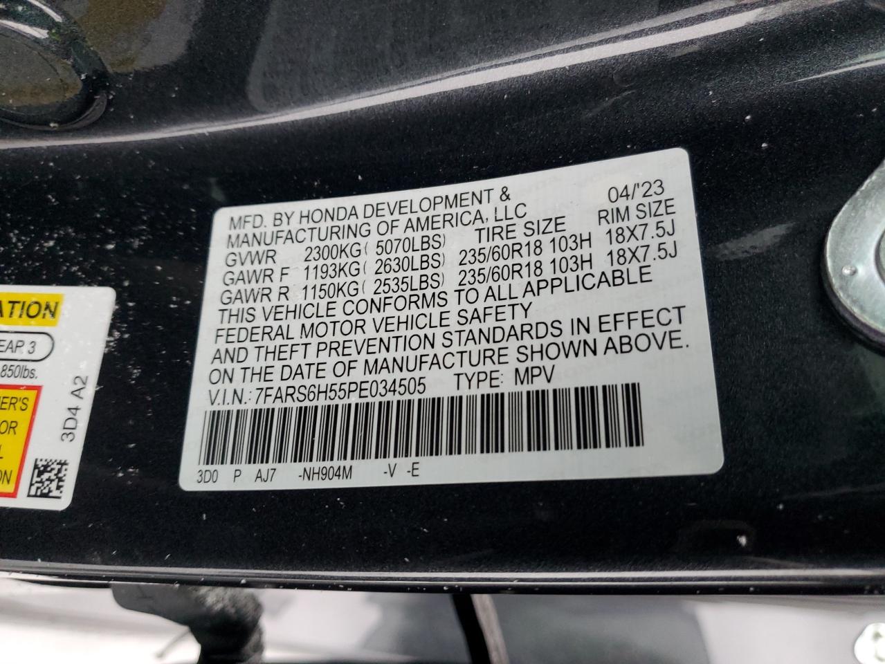 2023 Honda CR-V VIN 7FARS6H55PE034505 Copart auction photo, front end / side damage thumbnail 15
