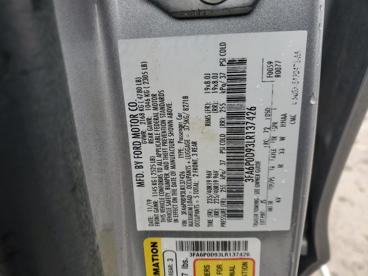 2020 Ford Fusion VIN 3FA6P0D93LR137426 Copart auction photo, rear end damage thumbnail 12