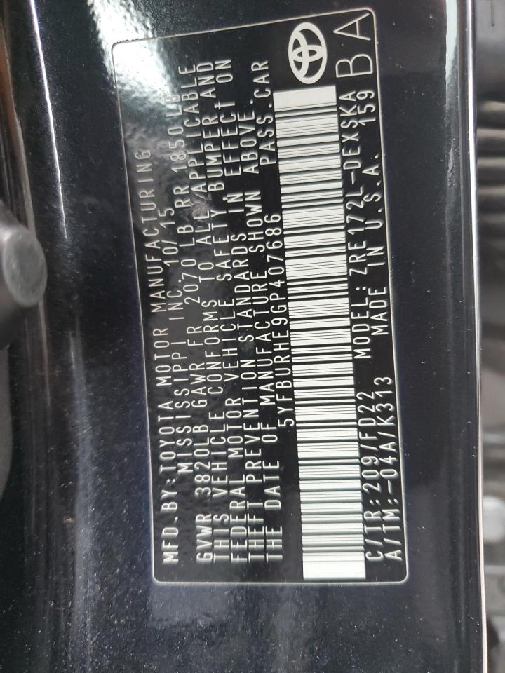2016 Toyota Corolla VIN 5YFBURHE9GP407686 Copart auction photo, front end damage thumbnail 12