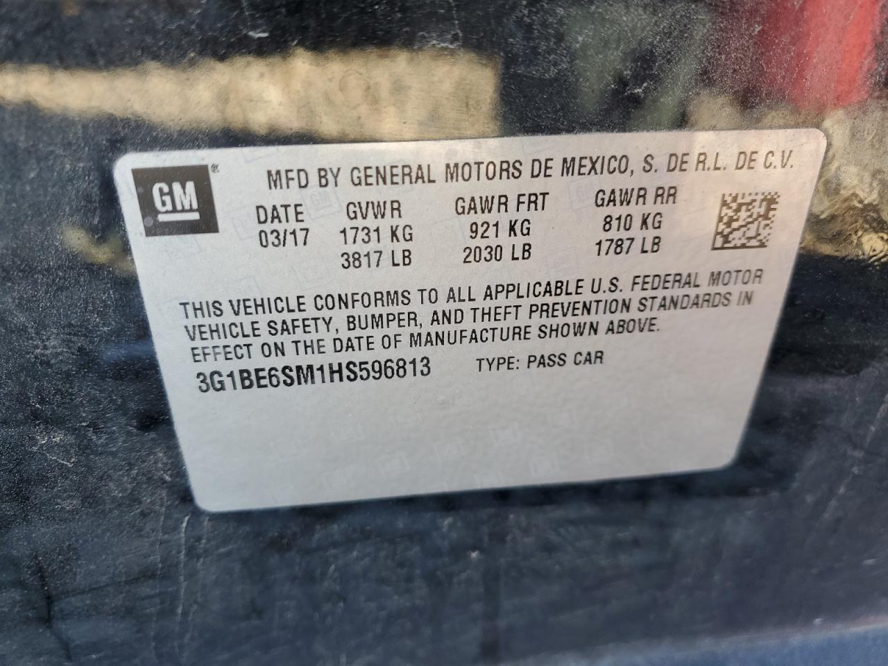 2017 Chevrolet Cruze VIN 3G1BE6SM1HS596813 Copart auction photo, stripped damage thumbnail 13