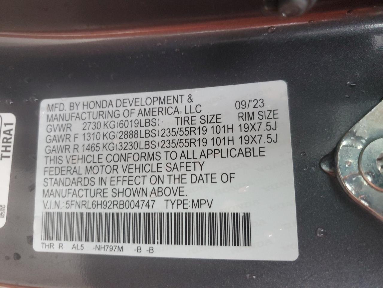 2024 Honda Odyssey VIN 5FNRL6H92RB004747 Copart auction photo, front end / minor dent/scratches damage thumbnail 16