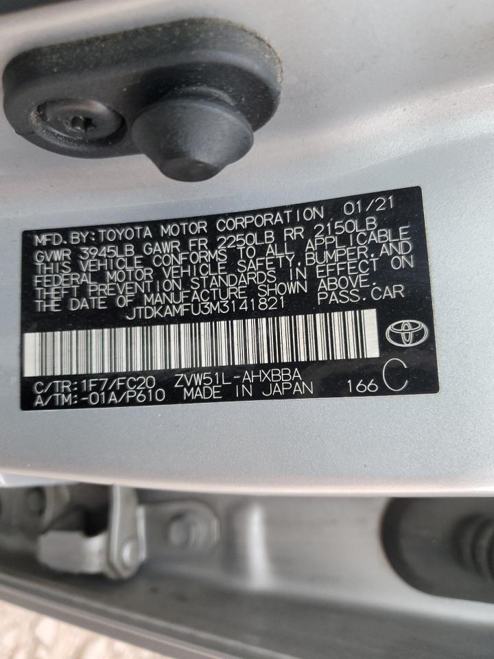 2021 Toyota Prius VIN JTDKAMFU3M3141821 Copart auction photo, side / rear end damage thumbnail 14