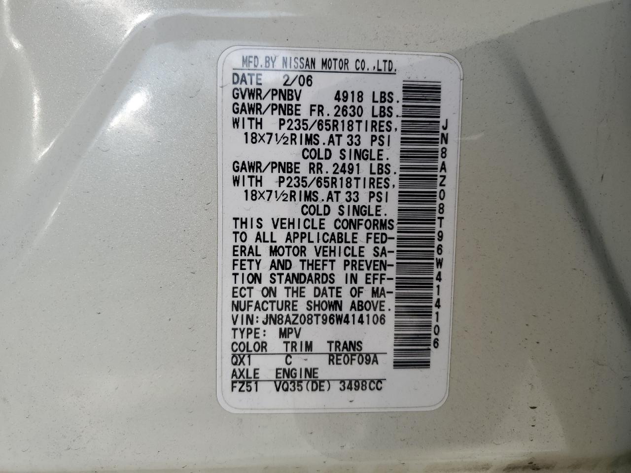 2006 Nissan Murano VIN JN8AZ08T96W414106 Copart auction photo, front end / undercarriage damage thumbnail 15