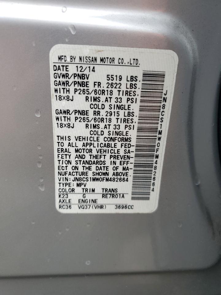 2015 Infiniti QX70 VIN JN8CS1MW0FM482664 Copart auction photo, front end damage thumbnail 15