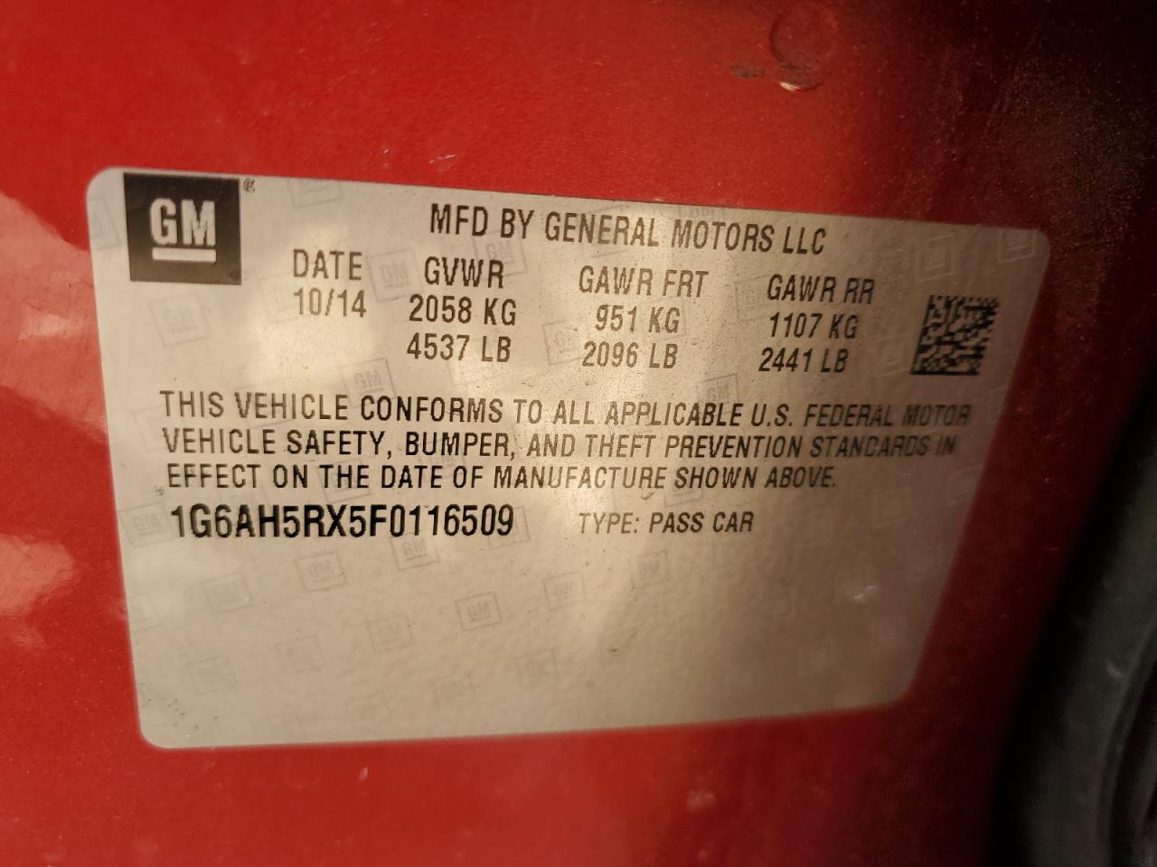2015 Cadillac ATS VIN 1G6AH5RX5F0116509 Copart auction photo, rear end / minor dent/scratches damage thumbnail 12