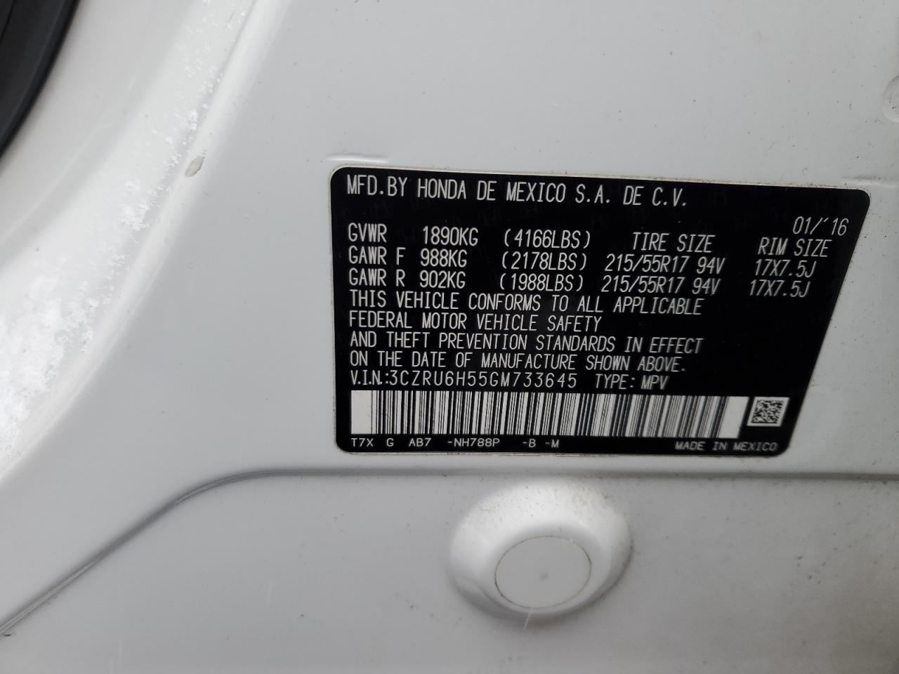 2016 Honda HR-V VIN 3CZRU6H55GM733645 Copart auction photo, front end damage thumbnail 13
