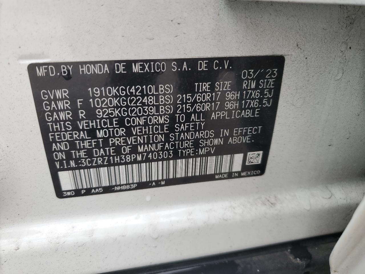 2023 Honda HR-V VIN 3CZRZ1H38PM740303 Copart auction photo, front end damage thumbnail 14