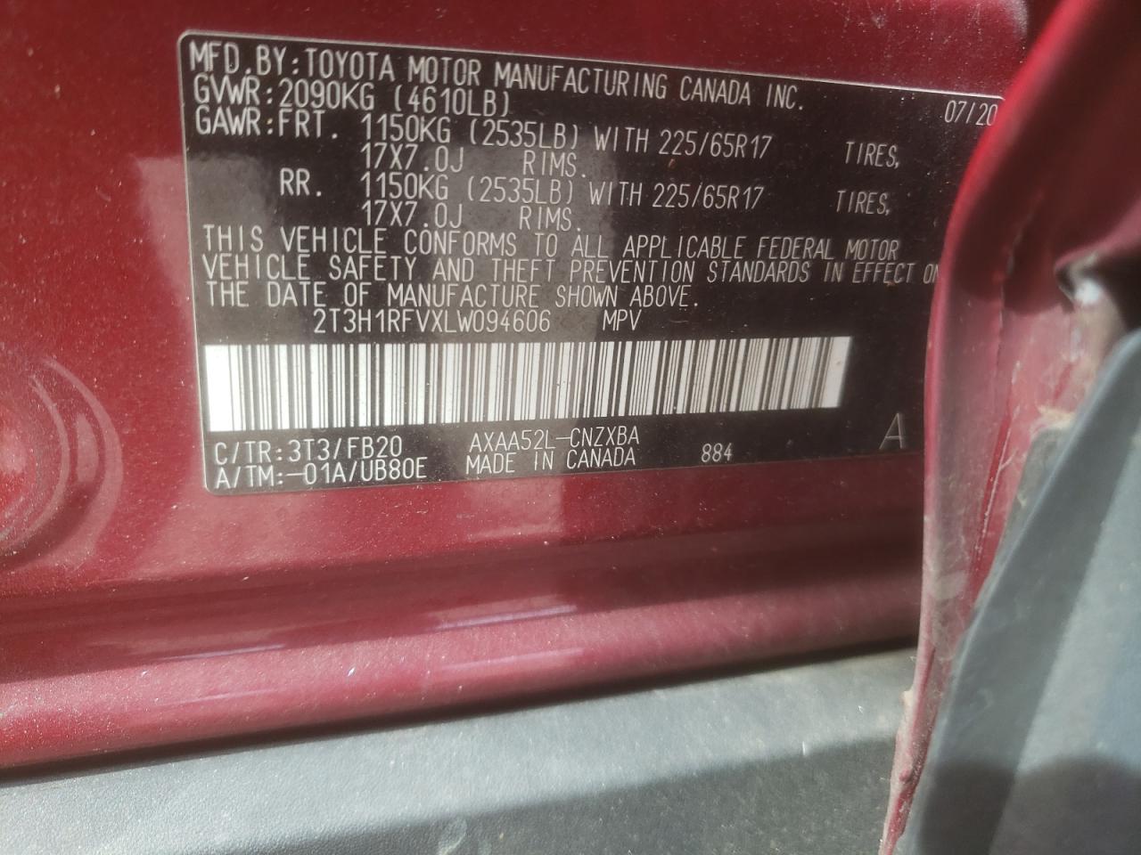 2020 Toyota RAV 4 VIN 2T3H1RFVXLW094606 Copart auction photo, side / minor dent/scratches damage thumbnail 15