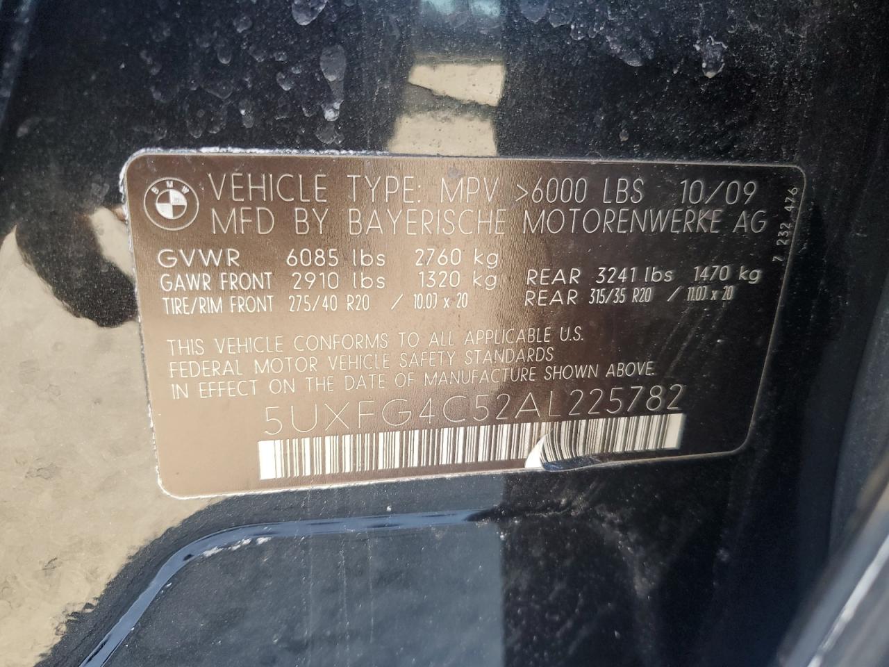 2010 BMW X6 VIN 5UXFG4C52AL225782 Copart auction photo, minor dent/scratches damage thumbnail 13
