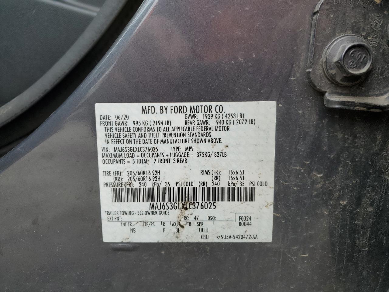 2020 Ford EcoSport VIN MAJ6S3GLXLC376025 Copart auction photo, undercarriage / front end damage thumbnail 13