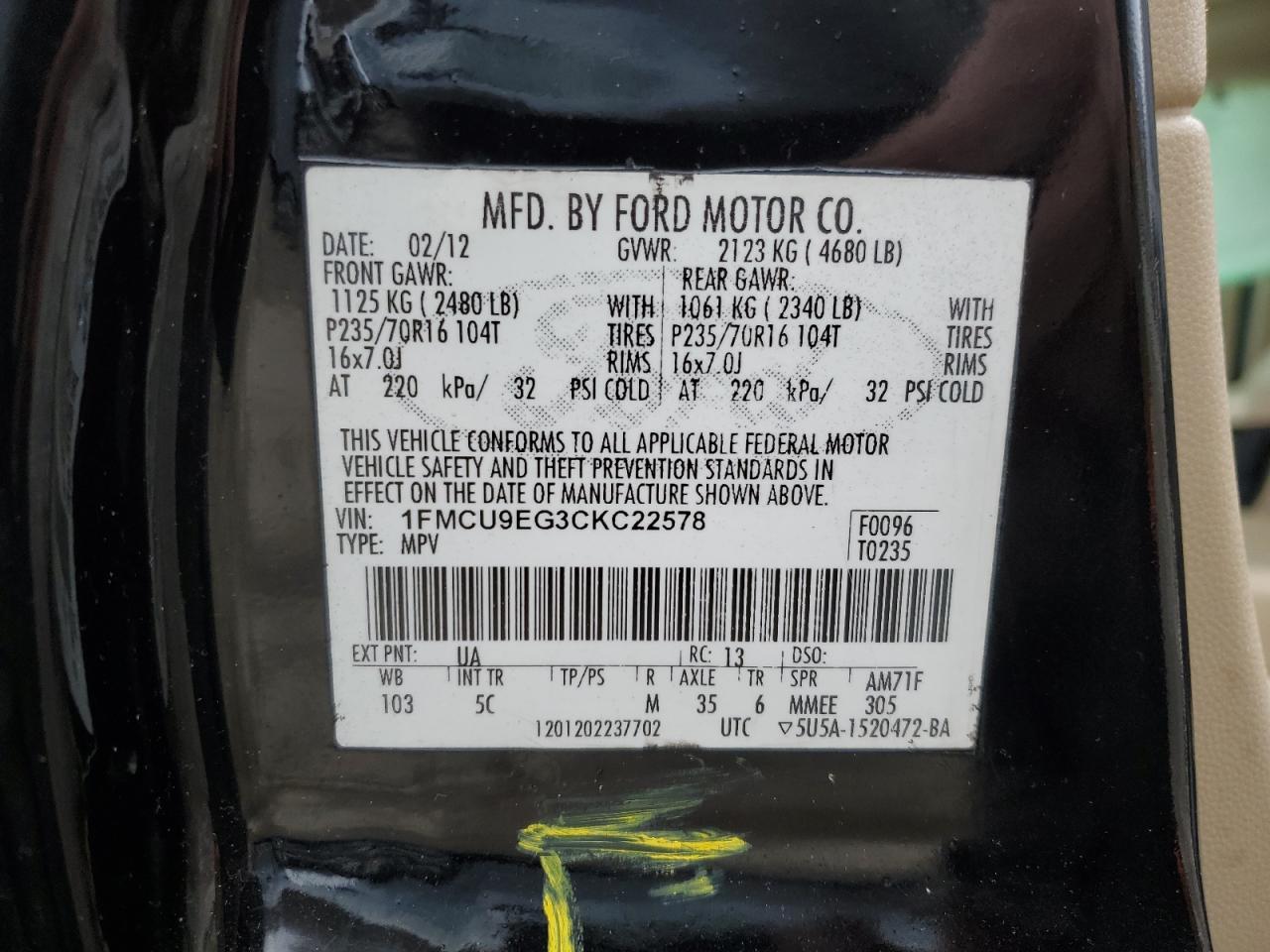 2012 Ford Escape VIN 1FMCU9EG3CKC22578 Copart auction photo, front end / top/roof damage thumbnail 15