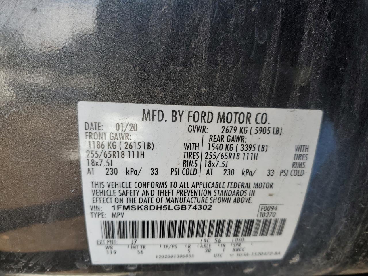 2020 Ford Explorer VIN 1FMSK8DH5LGB74302 Copart auction photo, front end damage thumbnail 13