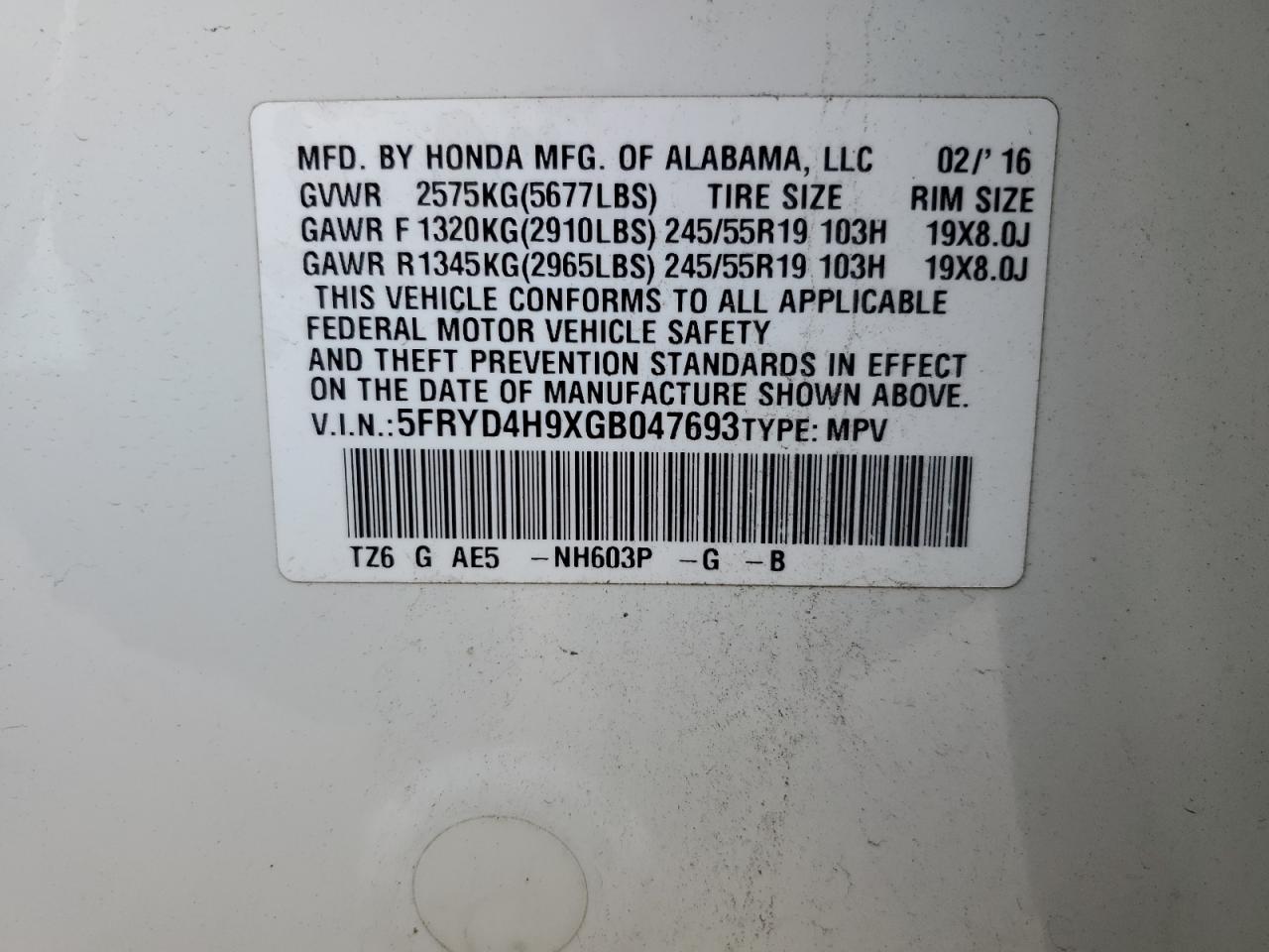 2016 Acura MDX VIN 5FRYD4H9XGB047693 Copart auction photo, front end damage thumbnail 15