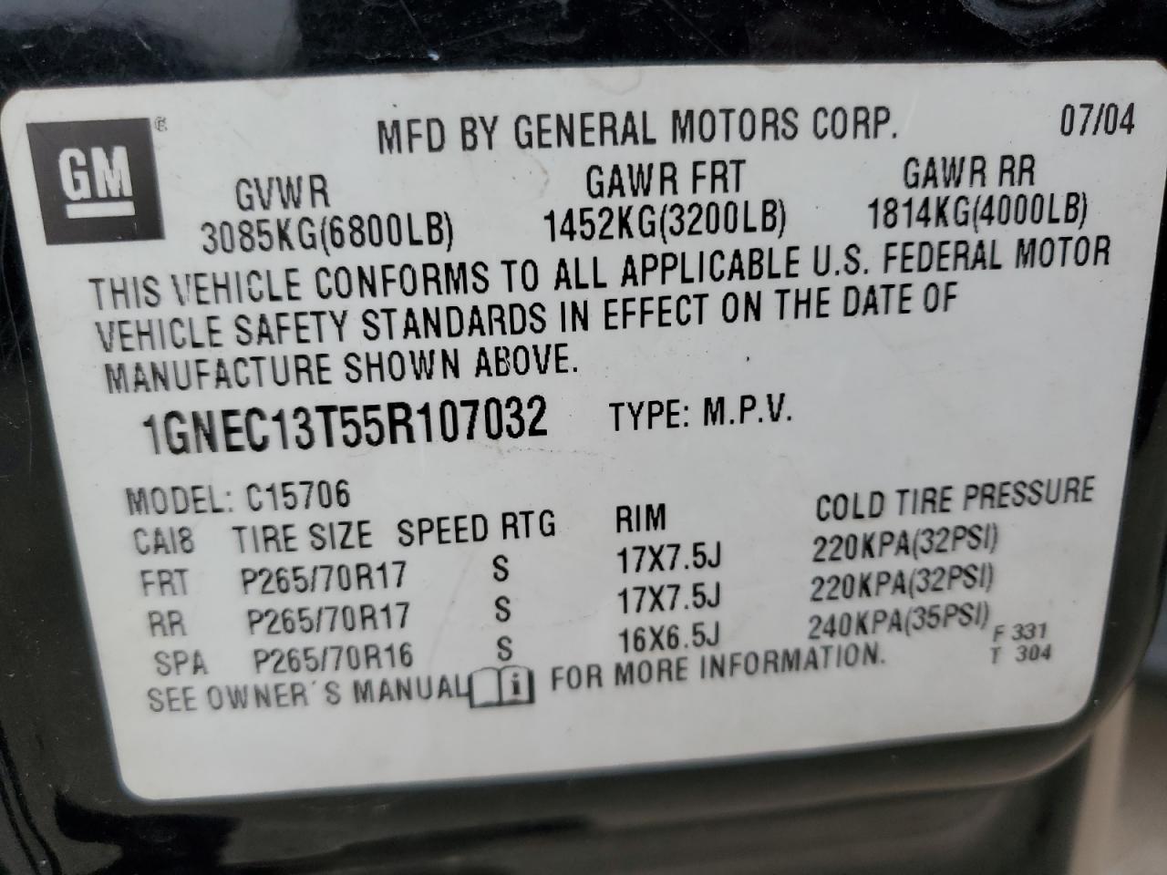 2005 Chevrolet Tahoe VIN 1GNEC13T55R107032 Copart auction photo, front end damage thumbnail 14