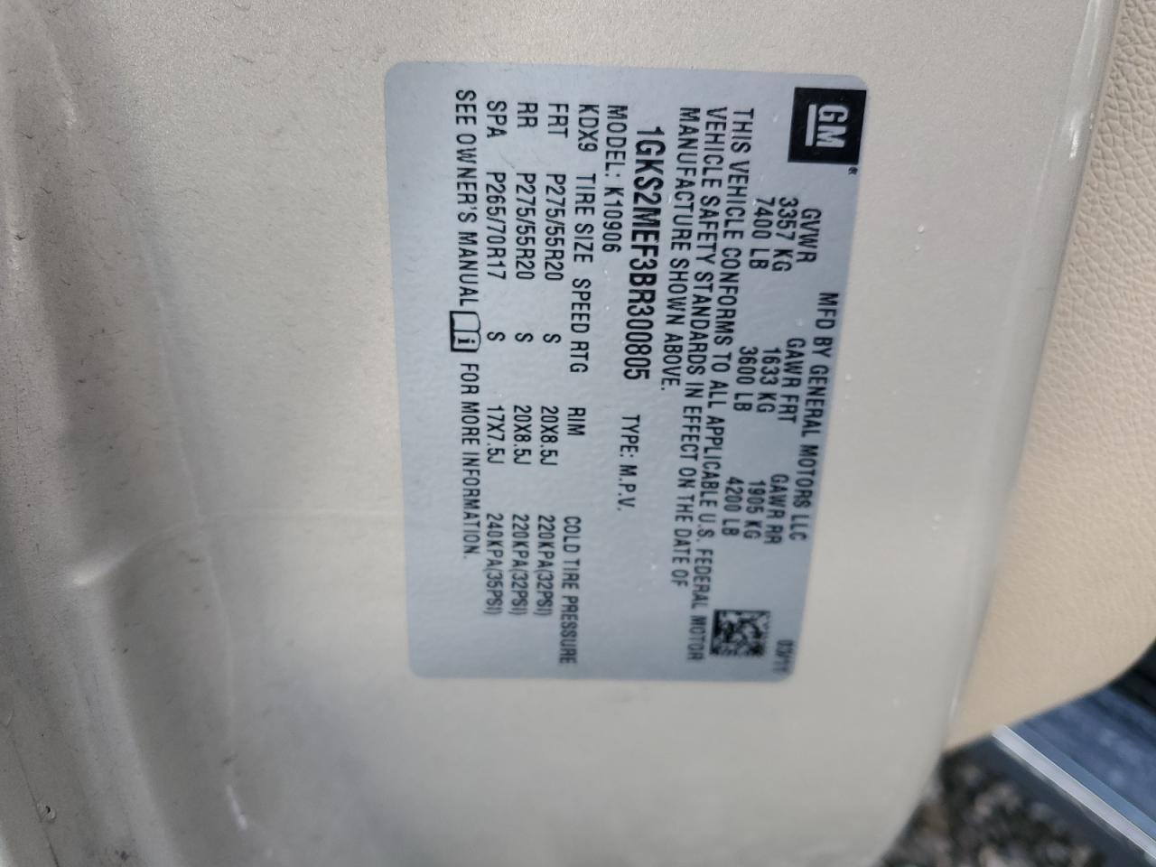 2011 GMC Yukon VIN 1GKS2MEF3BR300805 Copart auction photo, rear end damage thumbnail 12