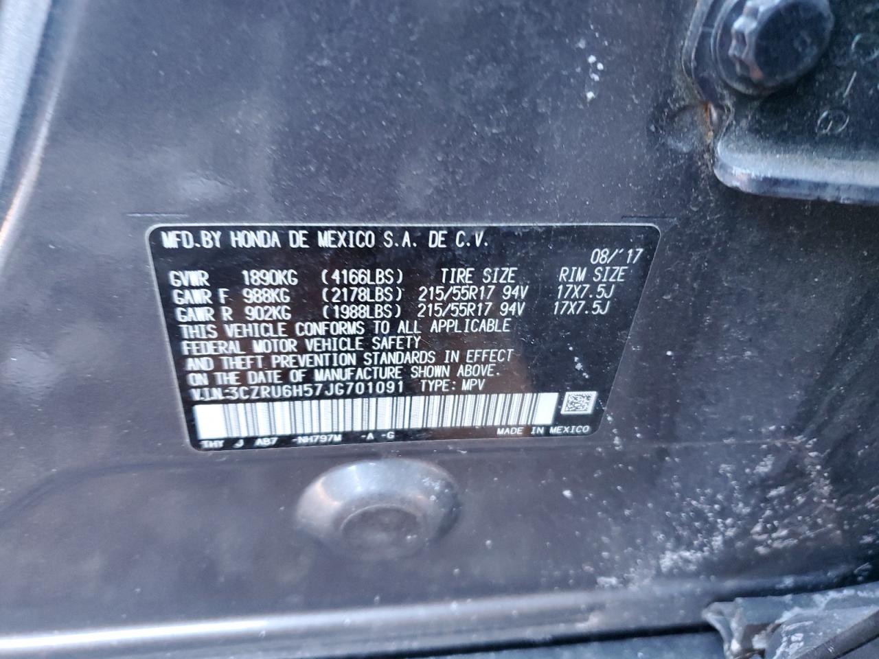 2018 Honda HR-V VIN 3CZRU6H57JG701091 Copart auction photo, front end damage thumbnail 13