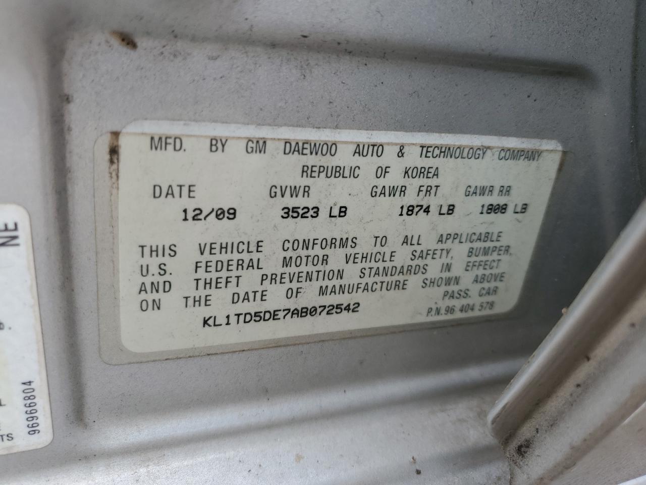 2010 Chevrolet Aveo VIN KL1TD5DE7AB072542 Copart auction photo, rear end damage thumbnail 12